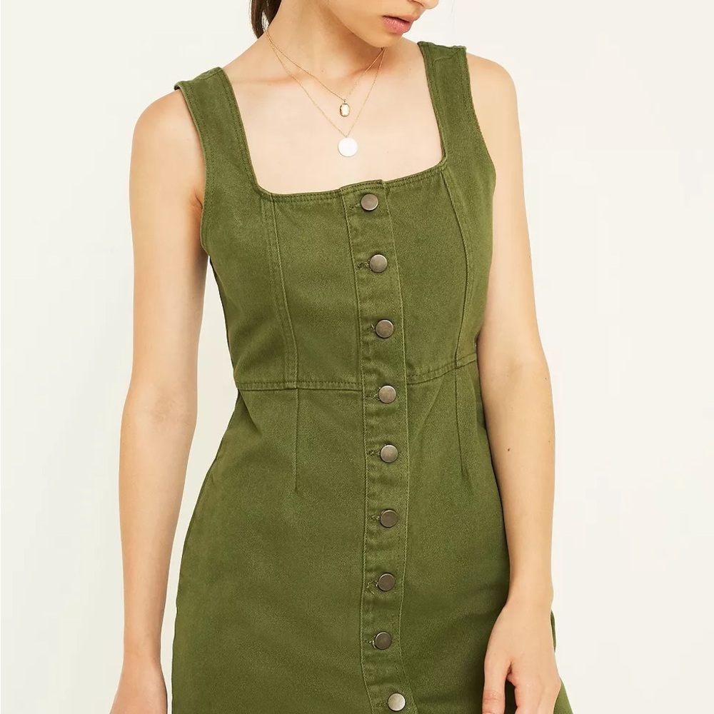 UO Green Button-Through Denim Mini Dress